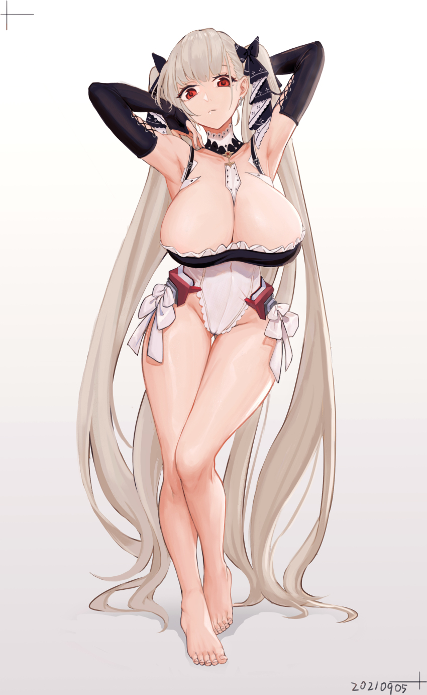 1girl absurdly_long_hair absurdres armpits arms_behind_head azur_lane bad_id bad_pixiv_id bare_legs barefoot black_bow black_gloves bow breasts cameltoe collarbone contrapposto covered_navel dated elbow_gloves feet formidable_(azur_lane) frilled_leotard frills full_body gloves grey_background hair_bow highres huge_breasts knees_together_feet_apart leotard long_hair looking_at_viewer panana red_eyes revision silver_hair simple_background solo standing twintails very_long_hair wide_hips