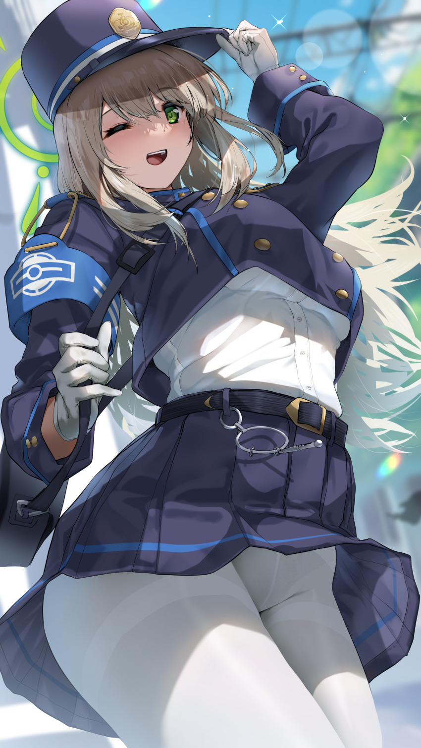 1girl armband belt black_bag blonde_hair blue_archive blue_hat blue_jacket blue_skirt buttons cosplay cowboy_shot cropped_jacket double-breasted from_below gloves green_eyes green_halo groin halo hands_on_headwear hat highres hikari_(blue_archive) hikari_(blue_archive)_(cosplay) jacket long_hair looking_at_viewer nonohachi nonomi_(blue_archive) one_eye_closed outdoors pantyhose pleated_skirt power_lines shirt skirt sleeve_cuffs smile swept_bangs teeth thighband_pantyhose upper_teeth_only whistle white_gloves white_pantyhose white_shirt wind wind_lift