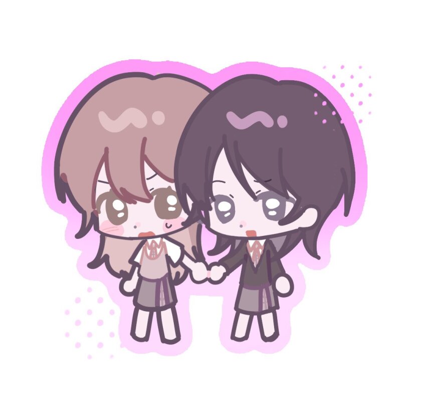 2girls black_eyes black_hair black_jacket blush brown_hair brown_sweater_vest chibi chibi_only commentary grey_necktie grey_skirt hashtag-only_commentary holding_hands jacket long_hair medium_hair multiple_girls naoi_(zenbu_kowashite_jigoku_de_aishite) necktie open_mouth outline purple_outline school_uniform shirt short_sleeves simple_background skirt sweatdrop sweater_vest white_background white_shirt xioch7972291 yoshizawa_kurumi zenbu_kowashite_jigoku_de_aishite