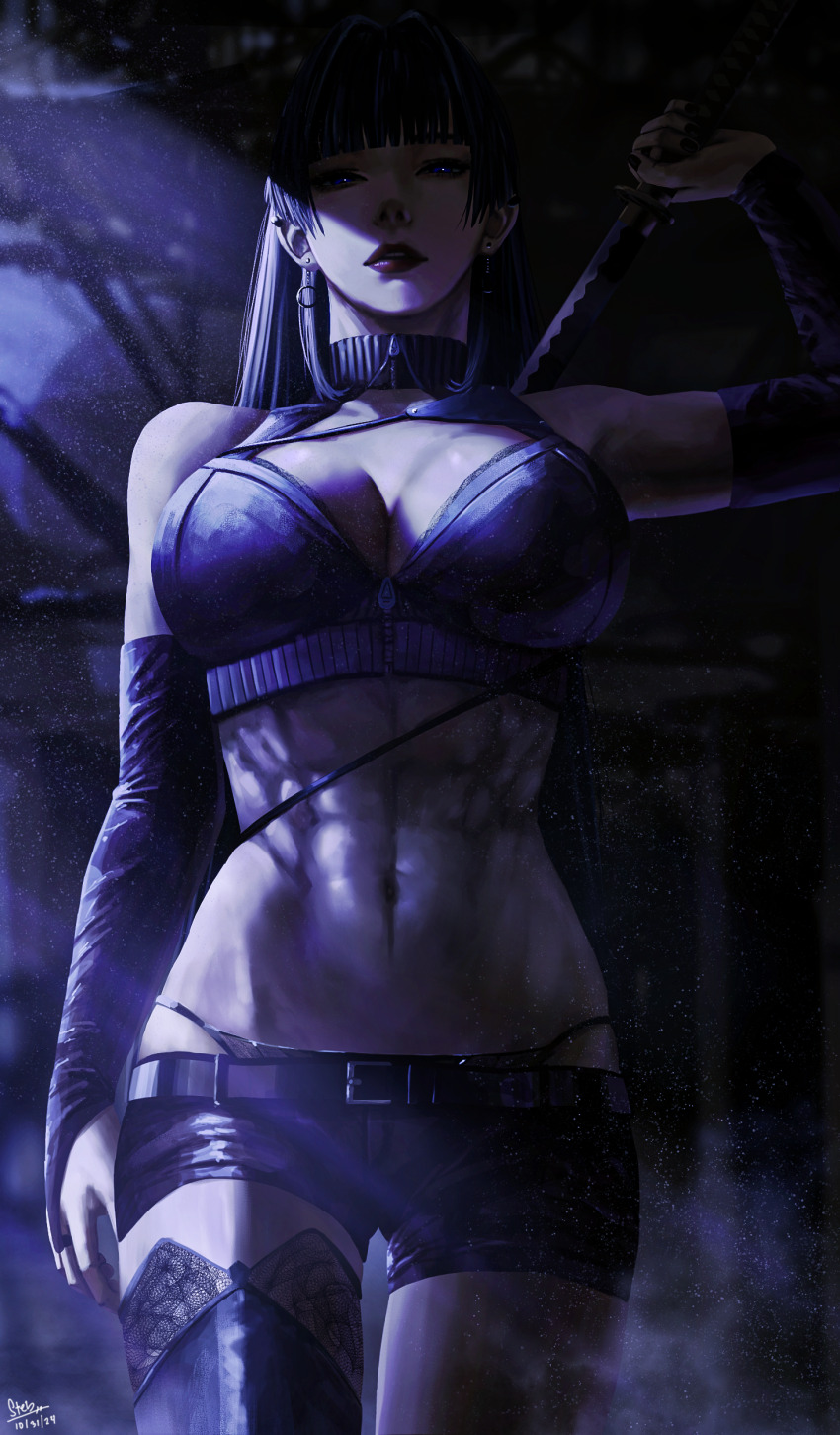 1girl abs absurdres black_hair black_panties black_shorts black_thighhighs breasts earrings elbow_gloves gloves highres holding holding_sword holding_weapon hololive hololive_english jewelry large_breasts long_hair navel ouro_kronii panties purple_lips shorts single_thighhigh solo steb sword thighhighs toned toned_female underwear virtual_youtuber weapon