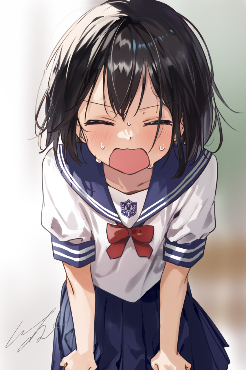 1girl aoi_saki_(senpai_wa_otokonoko) black_hair blue_sailor_collar blue_skirt blurry blurry_background blush bow bowtie closed_eyes collarbone commentary_request exhausted facing_viewer flustered hair_between_eyes hands_on_own_knees highres leaning_forward open_mouth pleated_skirt pomu_(joynet) red_bow red_bowtie sailor_collar school_uniform senpai_wa_otokonoko serafuku shirt short_hair short_sleeves signature sitting skirt solo sweat sweatdrop upper_body v-shaped_eyebrows wavy_mouth white_shirt