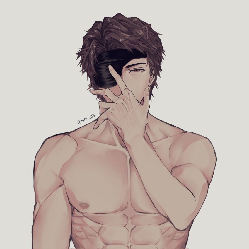 1boy abs aizen_sousuke bleach bleach:_sennen_kessen-hen brown_eyes brown_hair commentary covered_mouth english_commentary eyepatch grey_background hand_on_own_face hand_up highres kas0n3ri large_pectorals looking_at_viewer male_focus muscular muscular_male nipples nude one_eye_covered pectorals short_hair simple_background solo straight-on tsurime twitter_username upper_body veins