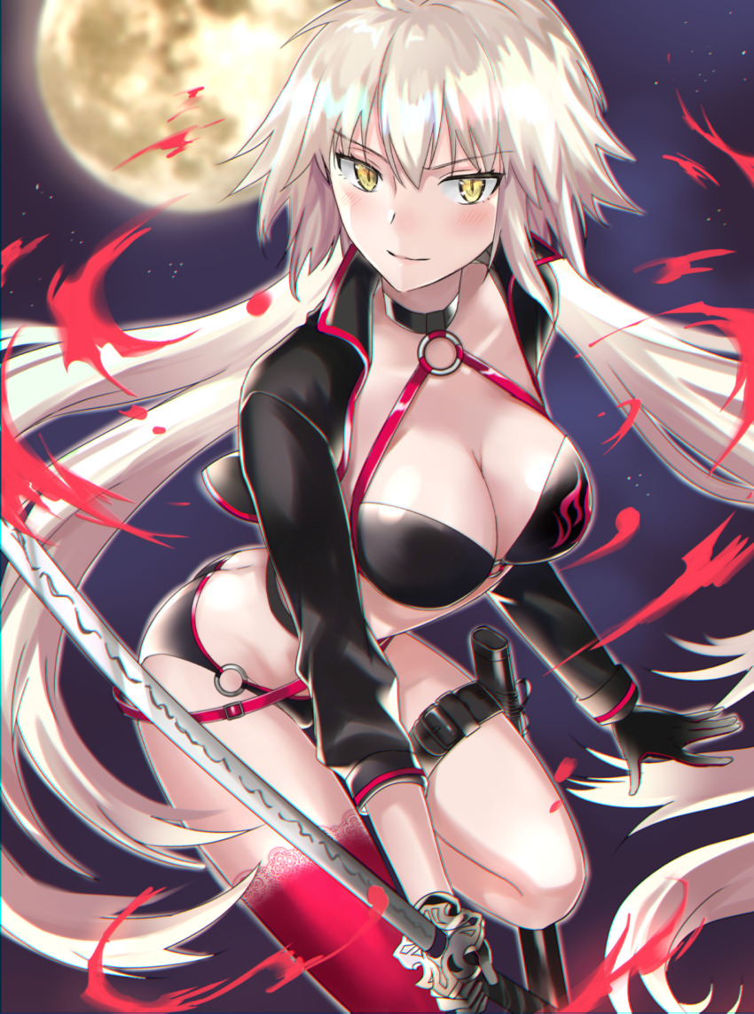 1girl bad_id bad_pixiv_id bikini black_bikini black_choker black_gloves black_jacket blush breasts choker chromatic_aberration cleavage commentary_request cowboy_shot cropped_jacket fate/grand_order fate_(series) female_focus gloves highres jacket jeanne_d&#039;arc_(fate) jeanne_d&#039;arc_alter_(fate) jeanne_d&#039;arc_alter_(swimsuit_berserker)_(fate) katana large_breasts long_hair looking_at_viewer moon night night_sky niwata0 o-ring o-ring_bikini o-ring_bottom o-ring_top outdoors red_thighhighs sheath shrug_(clothing) single_thighhigh sky smile solo swimsuit sword thigh_strap thighhighs weapon white_hair yellow_eyes