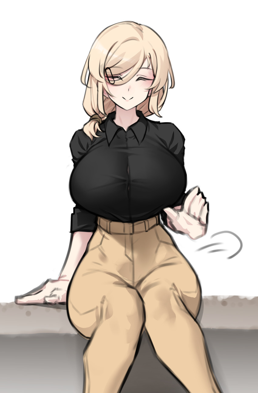 1girl absurdres black_shirt blonde_hair breasts brown_pants closed_eyes collared_shirt hair_ornament hair_over_shoulder hairclip hand_on_bench high-waist_pants highres huge_breasts k0ng lap_pillow_invitation long_hair long_sleeves looking_at_viewer merc-san_(k0ng) on_bench original pants puff_of_air shirt sidelocks simple_background sitting smile solo swept_bangs white_background