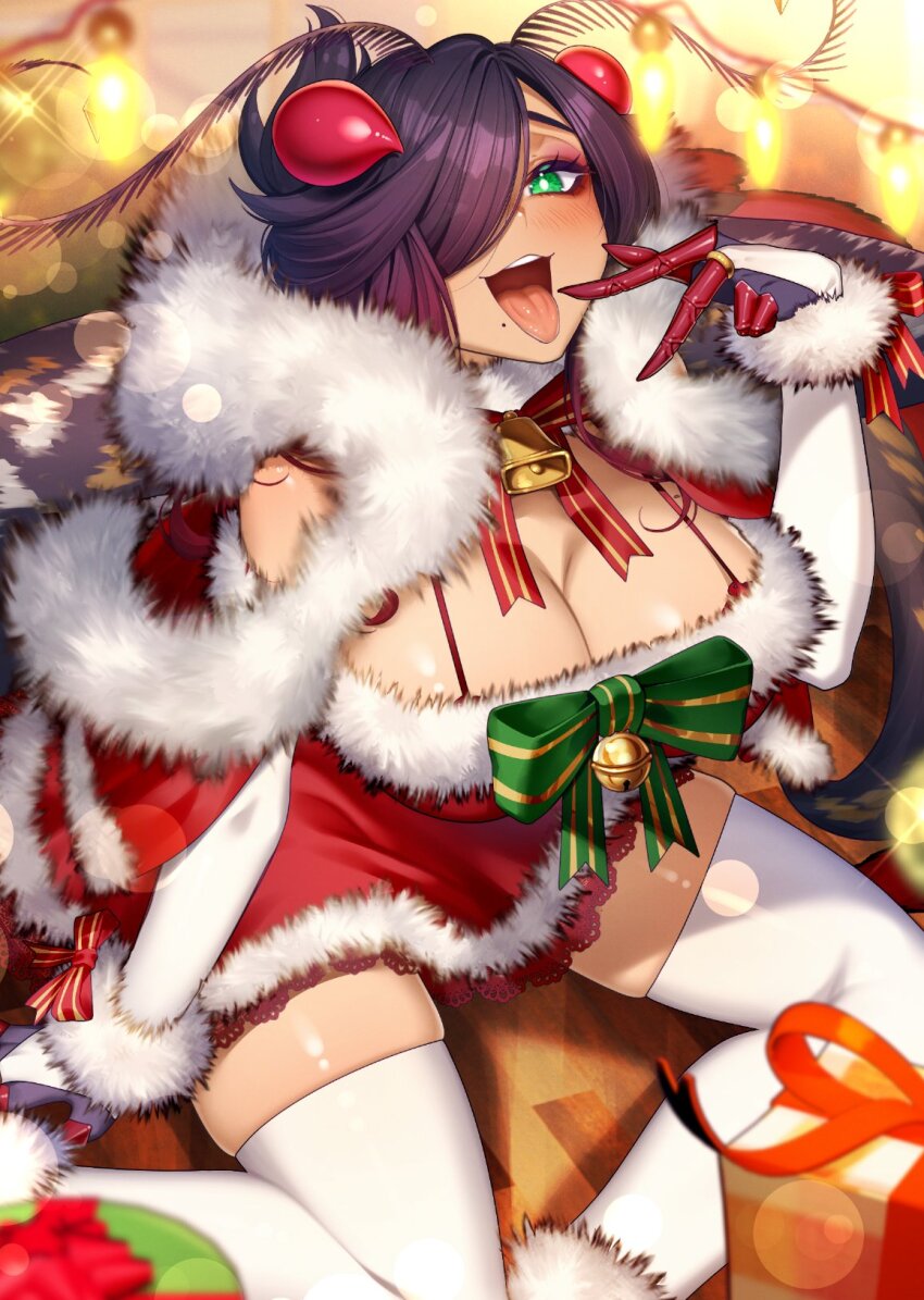 1girl :d bell black_hair breasts christmas christmas_present cluseller commission dress fur_trim gift green_eyes hair_over_one_eye highres jingle_bell large_breasts looking_at_viewer moth_antennae open_mouth original red_dress santa_dress skeb_commission smile solo thighhighs tongue tongue_out