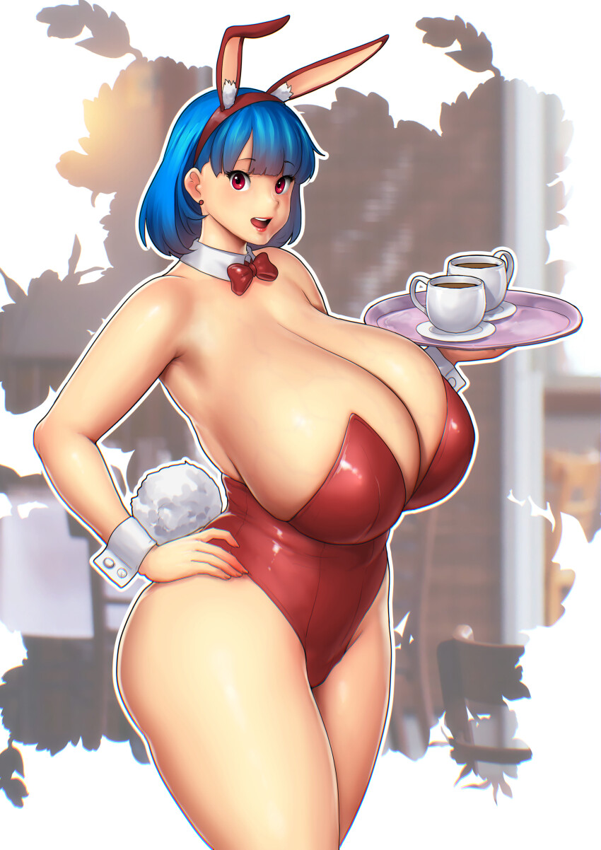 1girl absurdres animal_ears blue_hair bow bowtie breasts cleavage cowboy_shot cup detached_collar earrings erkaz fake_animal_ears hairband hand_on_own_hip highres holding holding_tray huge_breasts jewelry leotard medium_hair open_mouth original outline playboy_bunny rabbit_ears rabbit_tail red_bow red_bowtie red_eyes red_hairband red_leotard rina_atherina sideboob solo tail tray veins veiny_breasts white_outline