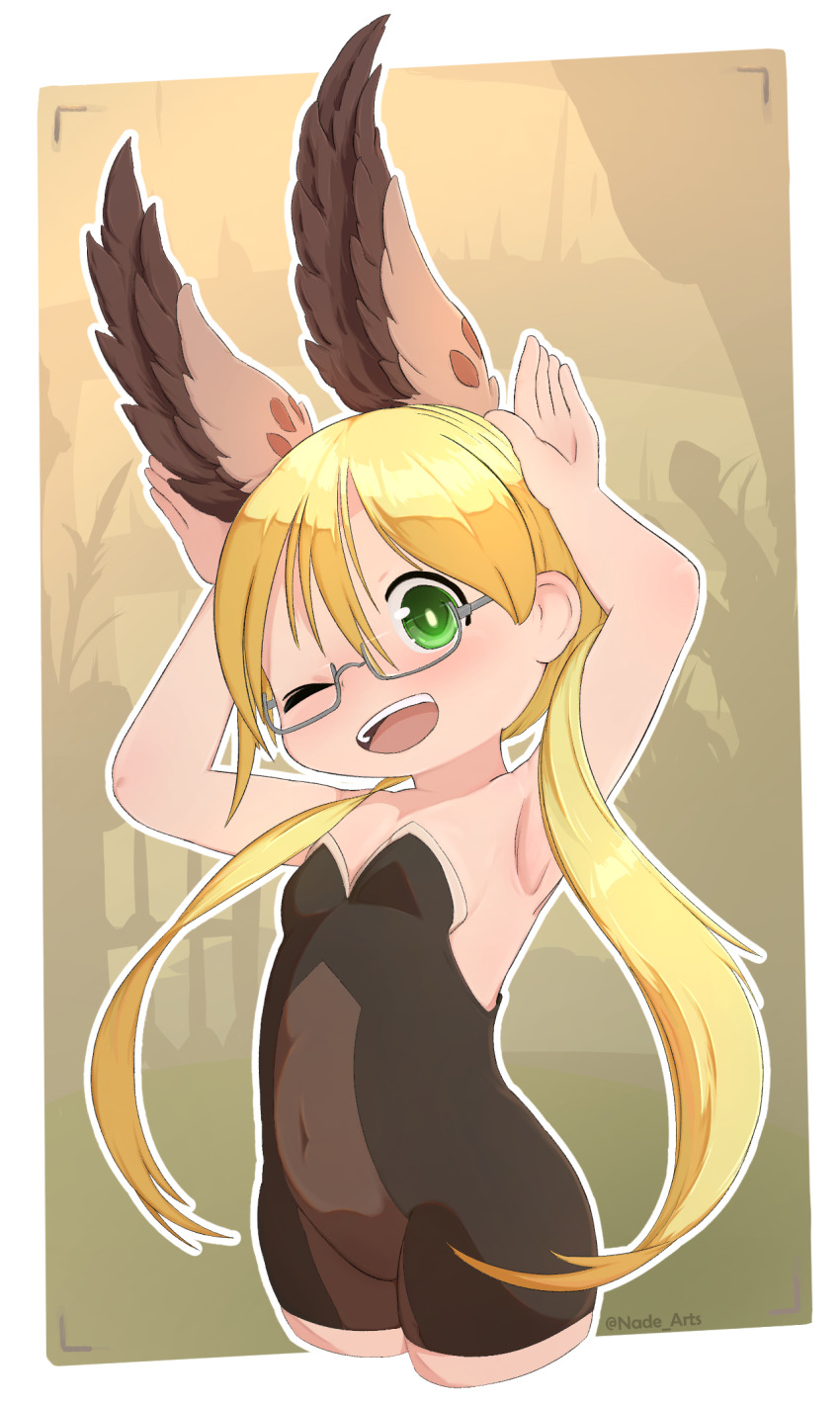 1girl ;d abstract_background animal_ears armpits arms_up blonde_hair blush border breasts brown_leotard cowboy_shot glasses green_eyes highres kemonomimi_mode leotard long_hair made_in_abyss nade_arts one_eye_closed open_mouth outline rabbit_ears rabbit_pose riko_(made_in_abyss) small_breasts smile solo standing strapless strapless_leotard teeth twitter_username two-tone_leotard upper_teeth_only white_border white_outline