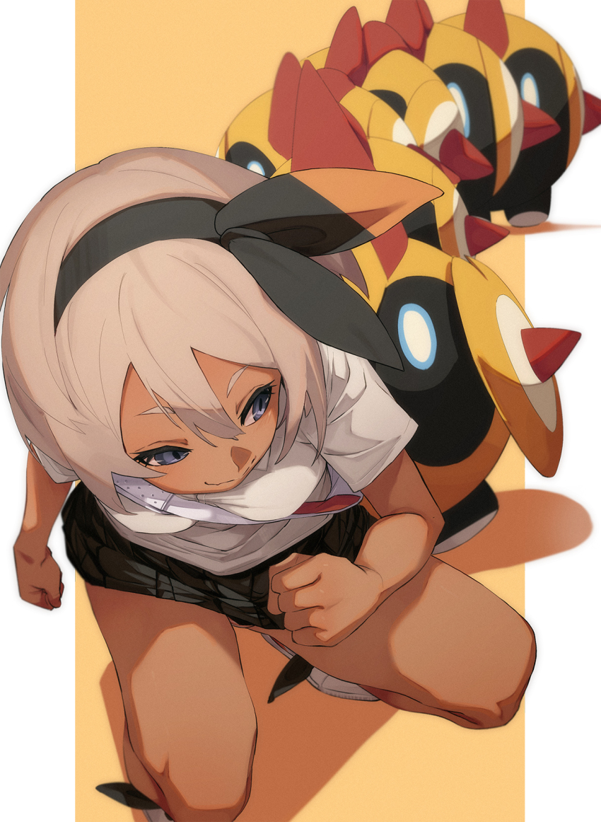 1girl bea_(pokemon) between_breasts blue_eyes breasts commentary_request creatures_(company) dark-skinned_female dark_skin falinks fu-ta game_freak gen_8_pokemon hairband highres nintendo platinum_blonde_hair pleated_skirt pokemon pokemon_(creature) pokemon_swsh school_uniform short_hair skirt small_breasts smile solo