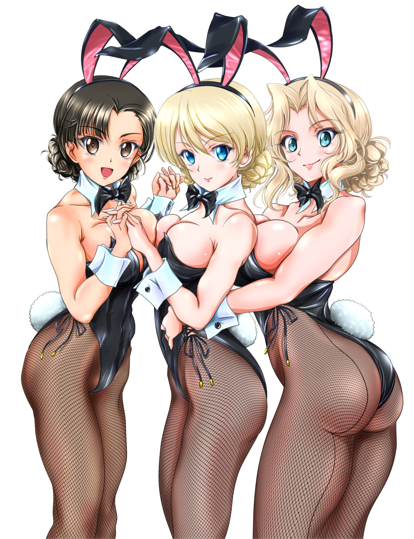 absurdres animal_ears ass asymmetrical_bangs asymmetrical_docking black_leotard black_neckwear blonde_hair blue_eyes bow bowtie braid breast_press breasts brown_eyes brown_hair brown_legwear cleavage commentary_request cowboy_shot darjeeling_(girls_und_panzer) detached_collar fake_animal_ears fishnet_legwear fishnets girls_und_panzer hair_intakes highres holding_hands kay_(girls_und_panzer) large_breasts leotard long_hair nishi_kinuyo pantyhose playboy_bunny rabbit_ears rabbit_tail short_hair simple_background strapless strapless_leotard tail tomokoji twin_braids white_background wrist_cuffs