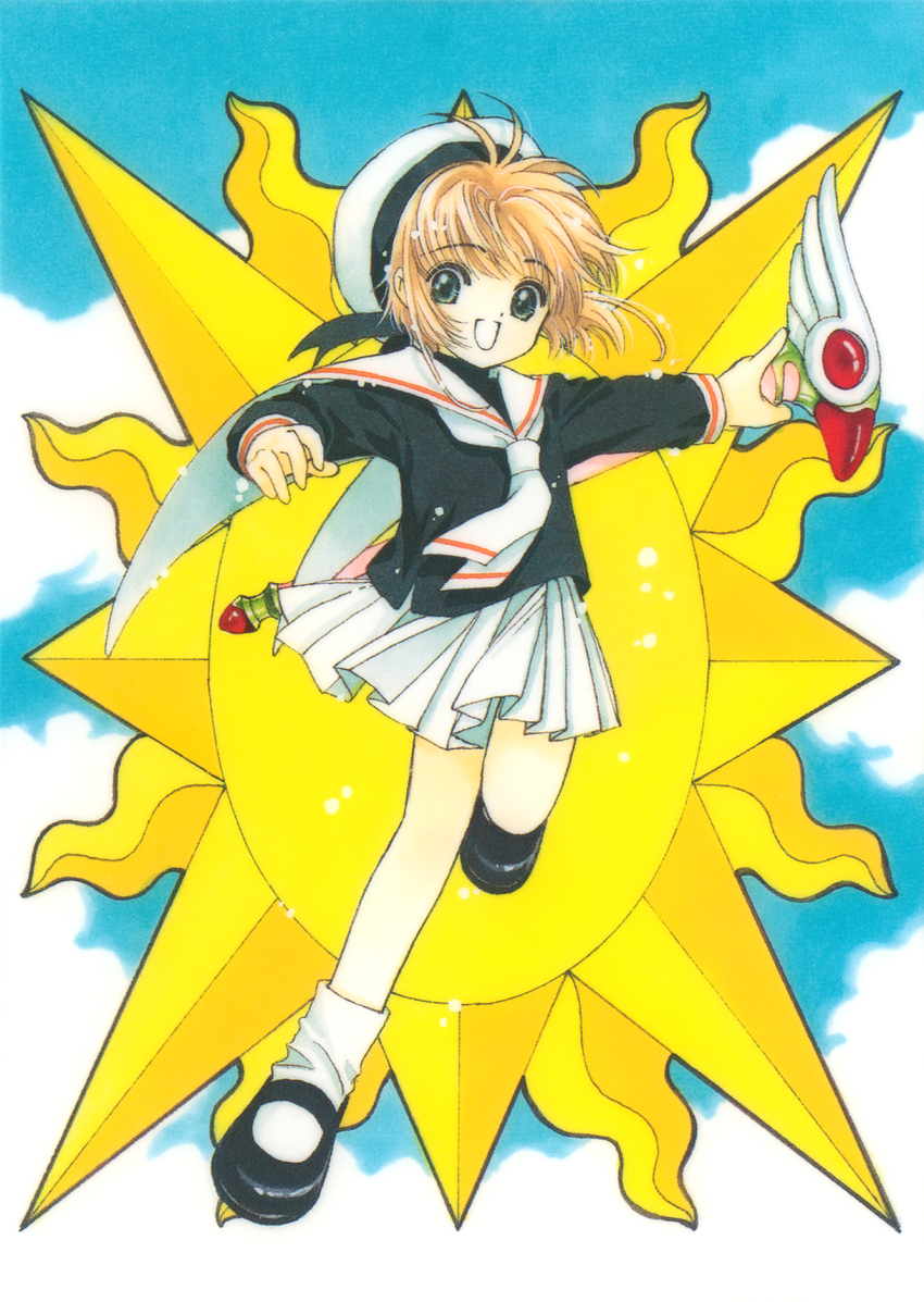 1girl black_footwear brown_hair cardcaptor_sakura clamp_(circle) cloud cloudy_sky green_eyes hat highres holding holding_wand kinomoto_sakura official_art open_mouth sailor_collar skirt sky smile socks solo sun wand white_hat white_sailor_collar white_skirt white_socks