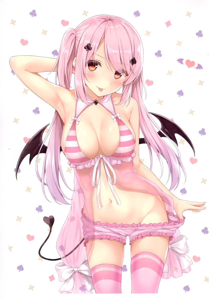 1girl absurdres arm_behind_head arm_up armpits babydoll bare_arms bare_shoulders bloomers breasts cleavage closed_mouth clover_hair_ornament collarbone cowboy_shot demon_girl demon_tail demon_wings female_focus frills groin hair_ornament heart highres karutamo large_breasts lingerie long_hair looking_at_viewer navel original pink_bloomers pink_hair pink_thighhighs red_eyes scan see-through_clothes sidelocks smile solo spade_hair_ornament standing stomach tail thighhighs tongue tongue_out twintails underwear wings