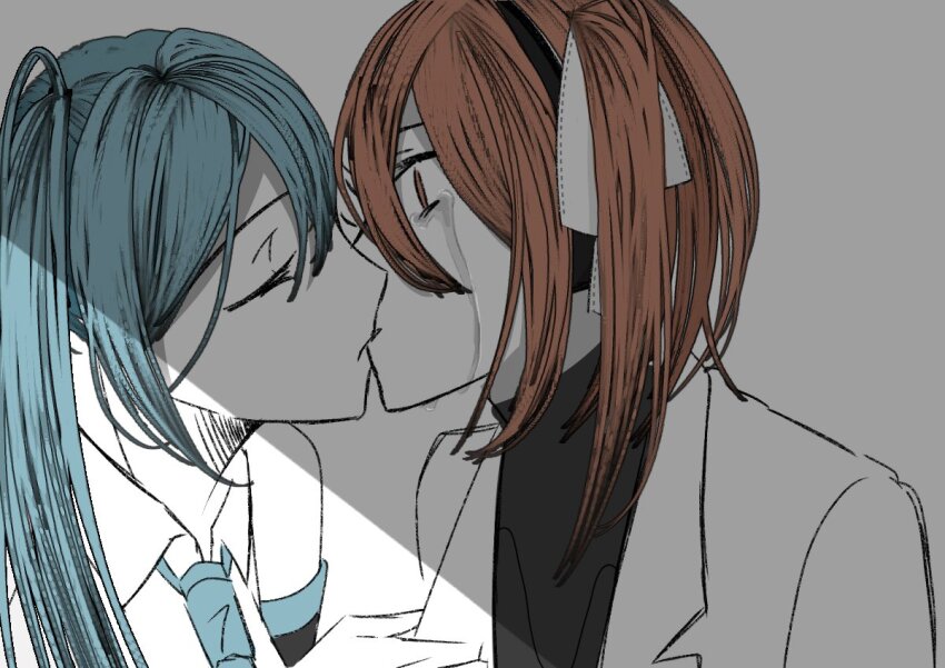 2girls a.i._voice adachi_rei aqua_hair aqua_necktie black_shirt chiori_(_chio_ri) closed_eyes crack_of_light crying crying_with_eyes_open hair_ribbon hashtag-only_commentary hatsune_miku jacket kiss limited_palette long_hair medium_hair multiple_girls necktie open_clothes open_jacket orange_hair ribbon shirt streaming_tears tears twintails upper_body utau vocaloid white_jacket white_ribbon yuri