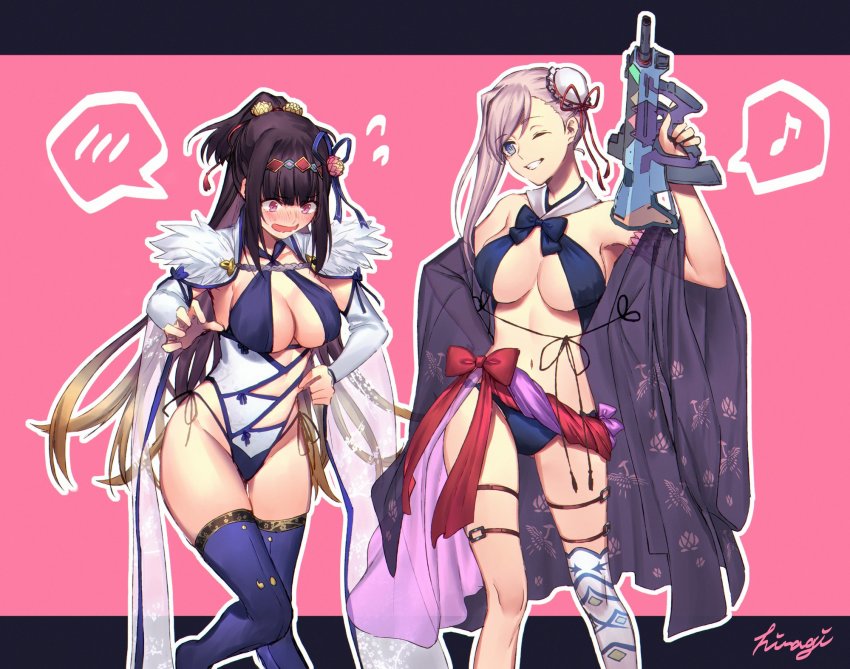 2girls artist_name blue_eyes blue_thighhighs blush breasts brown_hair bullpup cleavage cosplay costume_switch elbow_gloves fate/grand_order fate_(series) gloves gun hair_bun hair_intakes highres hiiragi_(karashriker) holding holding_gun holding_weapon japanese_clothes kimono large_breasts miyamoto_musashi_(fate) miyamoto_musashi_(fate/grand_order) miyamoto_musashi_(swimsuit_berserker)_(fate) miyamoto_musashi_(swimsuit_berserker)_(third_ascension)_(fate) multiple_girls musical_note one_eye_closed open_mouth osakabehime_(fate) osakabehime_(swimsuit_archer)_(fate) osakabehime_(swimsuit_archer)_(third_ascension)_(fate) pink_background pink_hair red_eyes single_hair_bun single_thighhigh smile spoken_blush spoken_musical_note sweatdrop swimsuit thighhighs weapon white_legwear