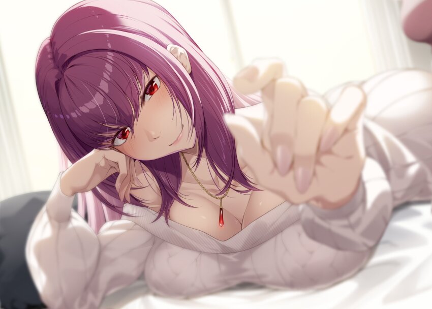 1girl breasts cleavage collarbone fate/grand_order fate_(series) fingernails highres jewelry light_blush light_smile looking_at_viewer lying mukunokino_isshiki necklace on_stomach purple_hair red_eyes scathach_(fate) solo sweater