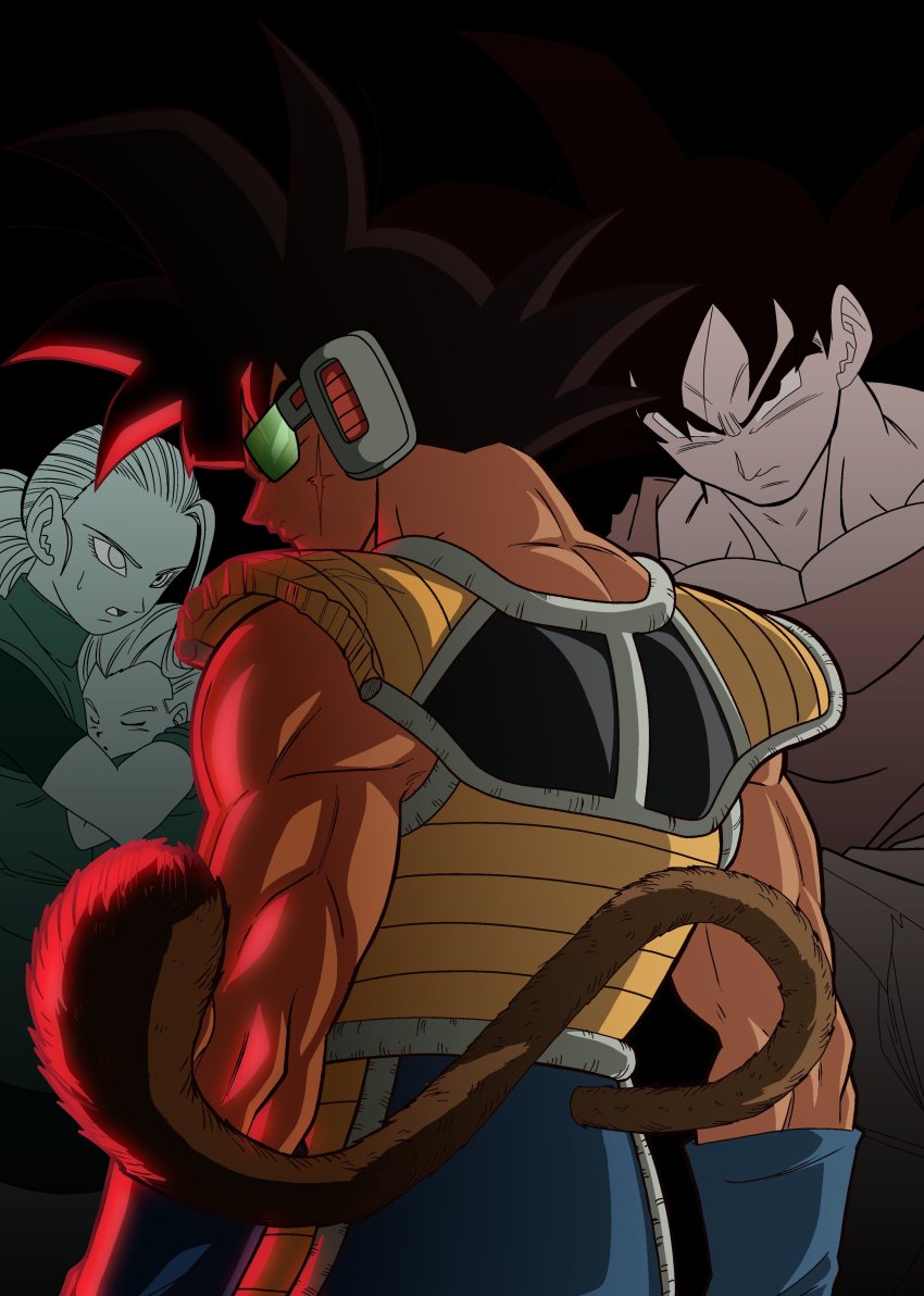 1girl 3boys absurdres armband armor bardock black_background black_outline blue_armband blue_pants broken_armor brown_fur commentary dragon_ball dragon_ball_super english_commentary facial_scar from_behind granolah_(dragon_ball) highres iamthetrev light looking_to_the_side male_focus monkey_tail muezli multiple_boys muscular muscular_male outline pants red_wristband saiyan_armor scar scar_on_cheek scar_on_face scouter serious shoulder_armor simple_background solo_focus son_goku spiked_hair tail wristband