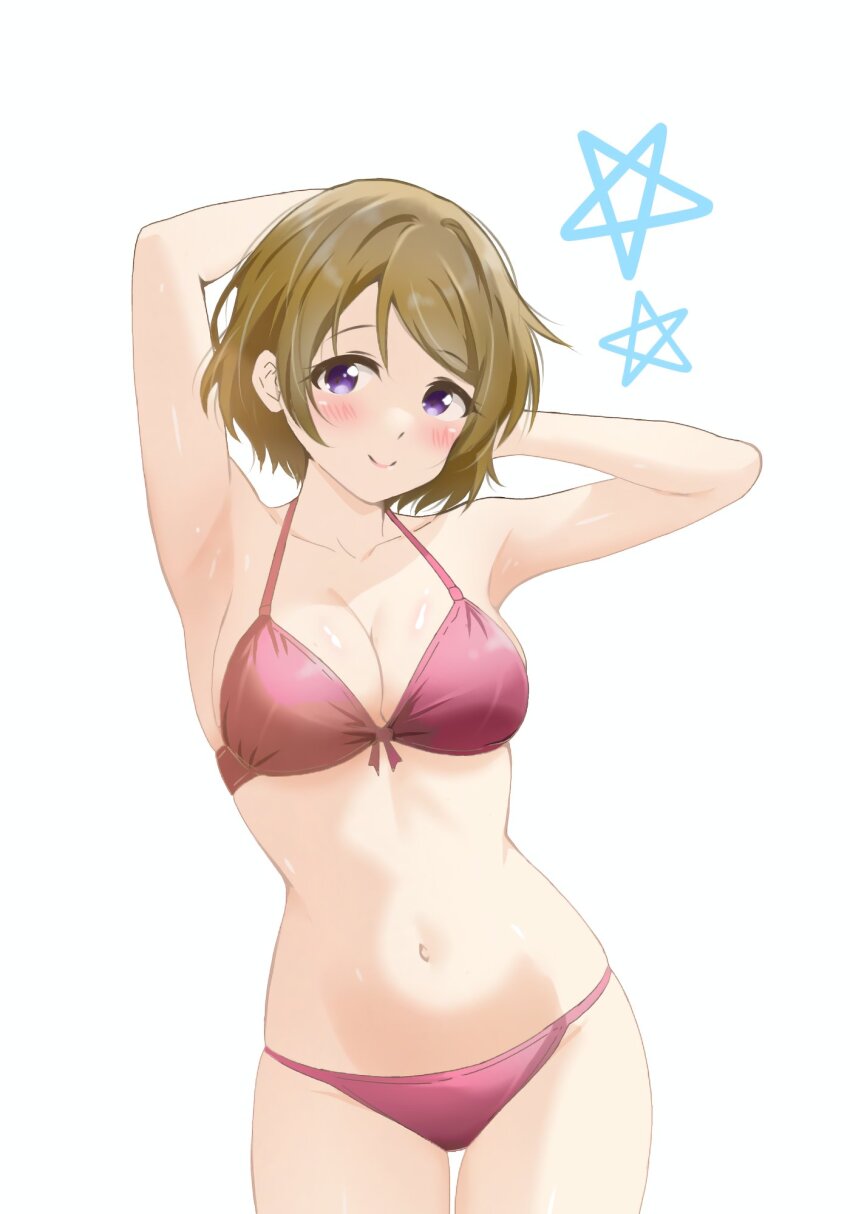 1girl arms_behind_back bikini blush breasts brown_hair cleavage closed_mouth collarbone cowboy_shot gabrieltenma77 highres koizumi_hanayo love_live! love_live!_school_idol_project navel purple_eyes red_bikini short_hair simple_background smile solo standing star_(symbol) string_bikini swimsuit white_background