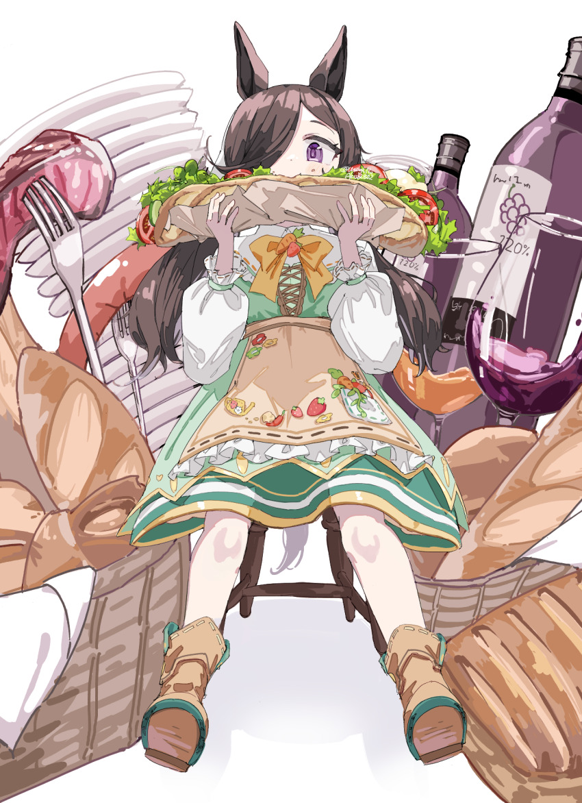 1girl alternate_costume black_hair bread eating food full_body hair_over_one_eye highres horse_girl looking_at_viewer low_twintails official_alternate_costume purple_eyes ribbon rice_shower_(umamusume) rice_shower_(yummy_dreamy_fairy)_(umamusume) shoes sitting solo twintails umamusume usaginoakubi802