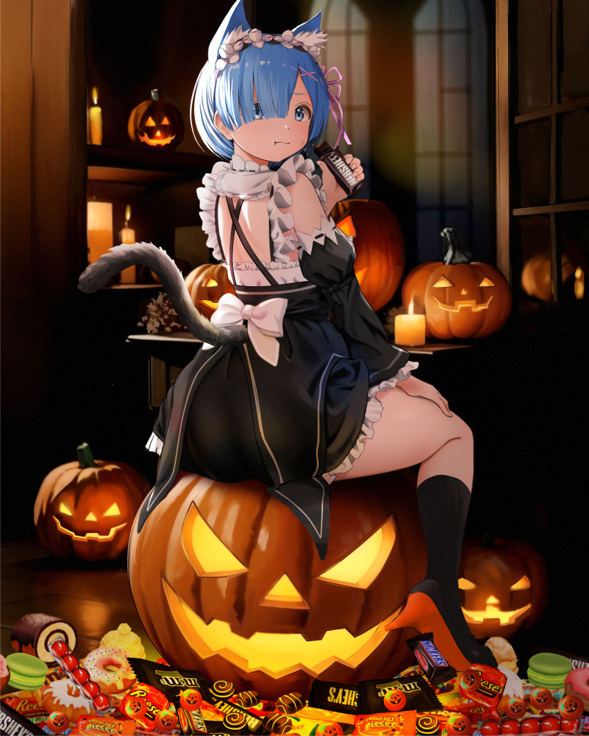 1girl absurdres animal_ears blue_eyes blue_hair candy cat_ears detached_sleeves eating food gibun_(sozoshu) highres looking_at_viewer re:zero_kara_hajimeru_isekai_seikatsu reese&#039;s_cups rem_(re:zero) roswaal_mansion_maid_uniform solo