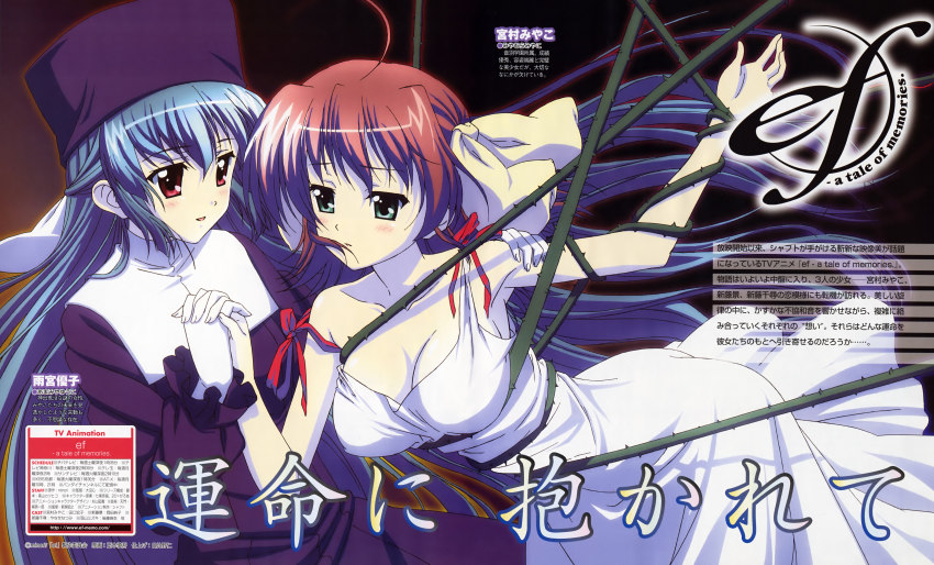 00s 2girls absurdres ahoge amamiya_yuuko aqua_eyes armpits bdsm blue_hair blush bondage bound breasts brown_hair cleavage dress ef_(visual_novel) gloves hat highres holding_hands large_breasts long_hair magazine_(object) miyamura_miyako multiple_girls plant red_eyes red_hair scan smile tamaki_shingo text_focus very_long_hair vines white_dress