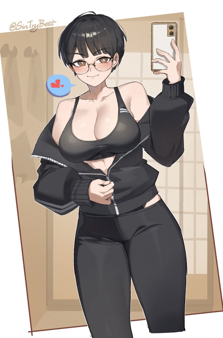 1girl bare_shoulders black_hair black_jacket black_pants black_sports_bra blush breasts brown_eyes cellphone cleavage closed_mouth commentary cropped_legs dutch_angle english_commentary glasses hand_up heart highres holding holding_phone jacket large_breasts long_sleeves looking_at_viewer off_shoulder original pants partially_unzipped phone puffy_long_sleeves puffy_sleeves short_hair sin_(sintrybest) smartphone smile solo spoken_heart sports_bra tomboy track_jacket twitter_username yoga_pants zipper_pull_tab