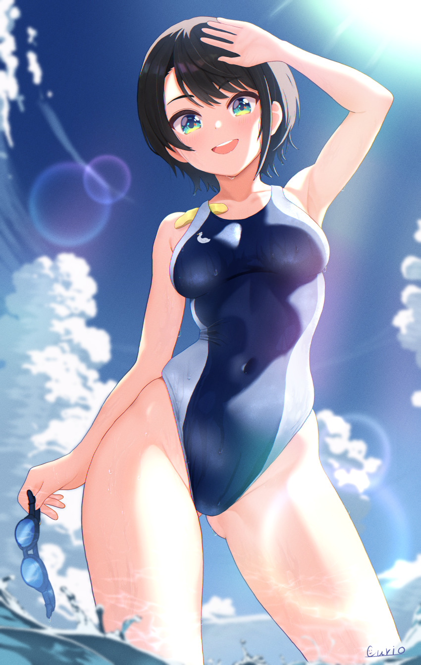 1girl absurdres black_hair black_one-piece_swimsuit blue_eyes blue_sky cloud competition_swimsuit covered_navel curio_(curiofinity) day goggles highres hololive lens_flare looking_at_viewer one-piece_swimsuit oozora_subaru open_mouth outdoors round_teeth short_hair sky solo swept_bangs swimsuit teeth two-tone_swimsuit unworn_goggles upper_teeth_only virtual_youtuber wading water