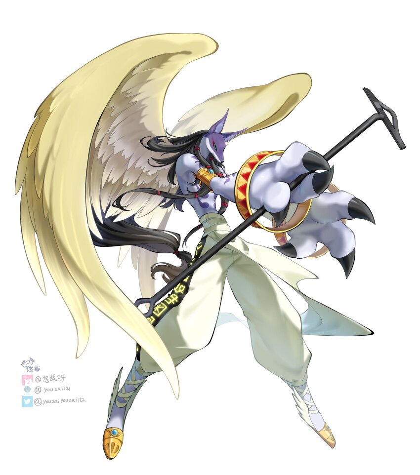 anubimon anubis_(mythology) armlet claws digimon highres jewelry simple_background solo white_background wings youzaiyouzai112