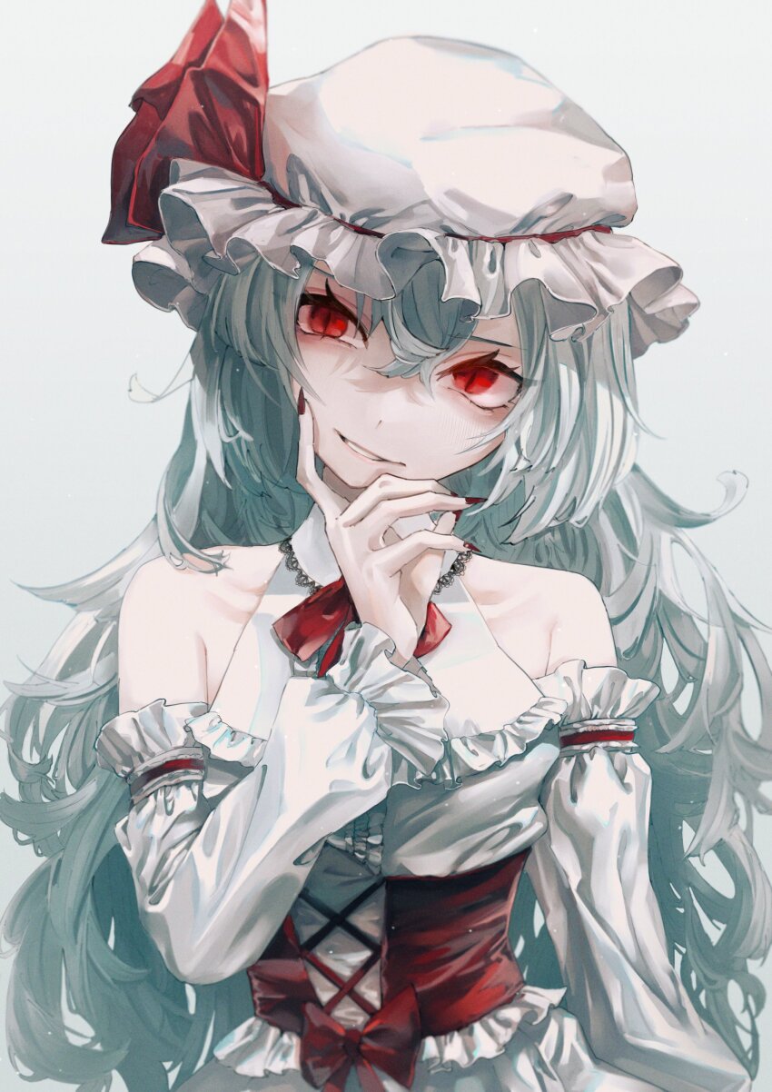 1girl absurdres bow dress hat head_tilt highres long_hair looking_at_viewer mob_cap red_bow red_eyes red_nails remilia_scarlet safutsuguon smile solo touhou white_background white_dress white_hair white_hat white_sleeves