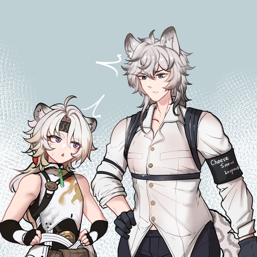 2boys absurdres ahoge animal_ears arknights armband bare_shoulders black_gloves black_headband chest_harness fingerless_gloves gloves grey_background grey_hair han_han_xiao_leng hand_on_own_hip harness headband height_difference highres leopard_ears lingyang_(wuthering_waves) male_focus multiple_boys purple_eyes shirt silverash_(arknights) sleeveless sleeveless_shirt upper_body white_shirt wuthering_waves