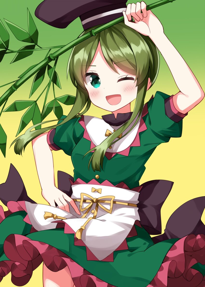 1girl ;d apron aqua_eyes arm_up back_bow bamboo black_bow black_hat blush bow commentary_request cowboy_shot dress frilled_dress frills gradient_background green_background green_dress green_hair hand_on_own_hip hat highres holding holding_plant looking_at_viewer obijime one_eye_closed open_mouth plant puffy_short_sleeves puffy_sleeves ruu_(tksymkw) short_hair_with_long_locks short_sleeves sidelocks smile solo standing teireida_mai touhou waist_apron white_apron yellow_background