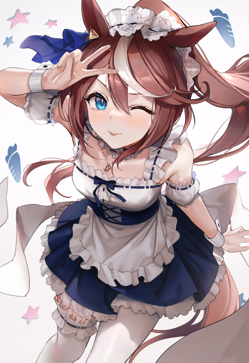 1girl ;p alternate_costume animal_ears blue_eyes blue_skirt breasts brown_hair cbi_cbi cleavage enmaided gradient_background grey_background highres horse_ears horse_girl horse_tail long_hair looking_at_viewer maid maid_headdress medium_breasts multicolored_hair one_eye_closed pantyhose ponytail single_leg_pantyhose single_thighhigh skirt solo streaked_hair tail thighhighs tokai_teio_(umamusume) tongue tongue_out umamusume v white_hair white_thighhighs