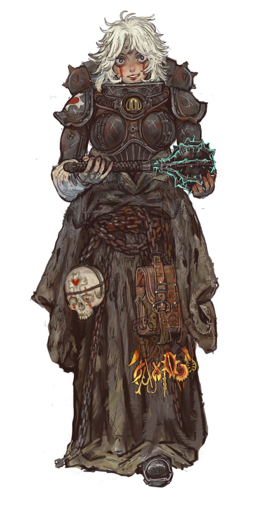 1girl absurdres adepta_sororitas armor blood blood_on_clothes chain gloves highres holding holding_weapon looking_at_viewer mace mossacannibalis pauldrons power_armor short_hair shoulder_armor skull solo spiked_mace spikes torture_instruments warhammer_40k weapon white_gloves white_hair