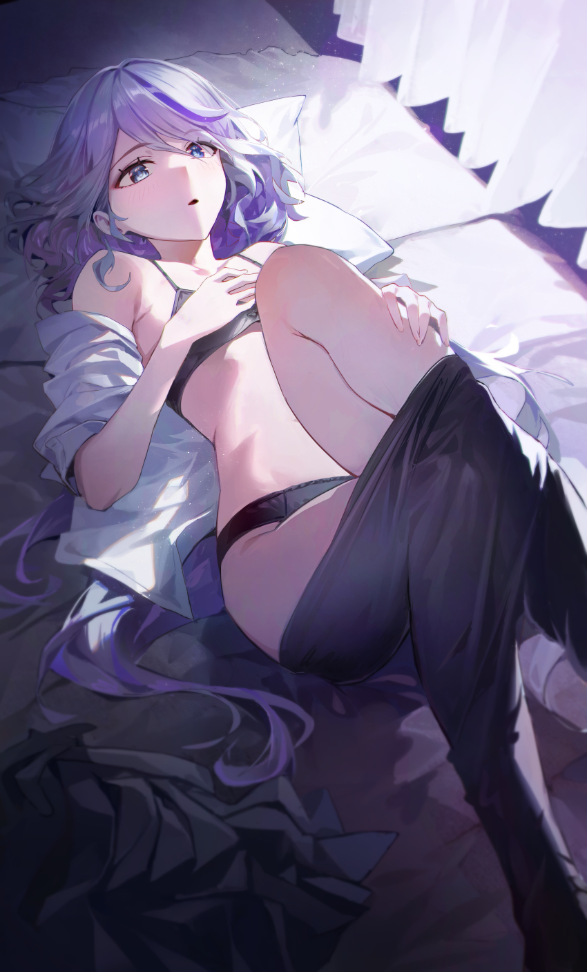 1girl absurdres blue_eyes blue_hair furina_(genshin_impact) genshin_impact highres indoors kawa683 light_blue_hair long_hair looking_at_viewer lying on_bed shirt solo white_shirt