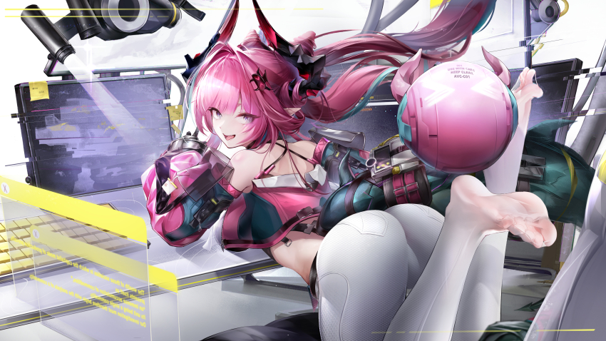 1girl absurdres aqua_hair arknights arknights:_endfield ass bare_shoulders black_horns brs_(33143752) chinese_commentary commentary_request feet highres holographic_monitor horns jacket leaning leaning_on_table long_hair long_sleeves looking_at_viewer looking_back multicolored_hair no_shoes no_socks open_mouth pantyhose partial_commentary pink_hair pink_jacket pointy_ears puffy_long_sleeves puffy_sleeves purple_eyes red_horns smile soles solo streaked_hair toes turning_head white_pantyhose yvonne_(arknights)