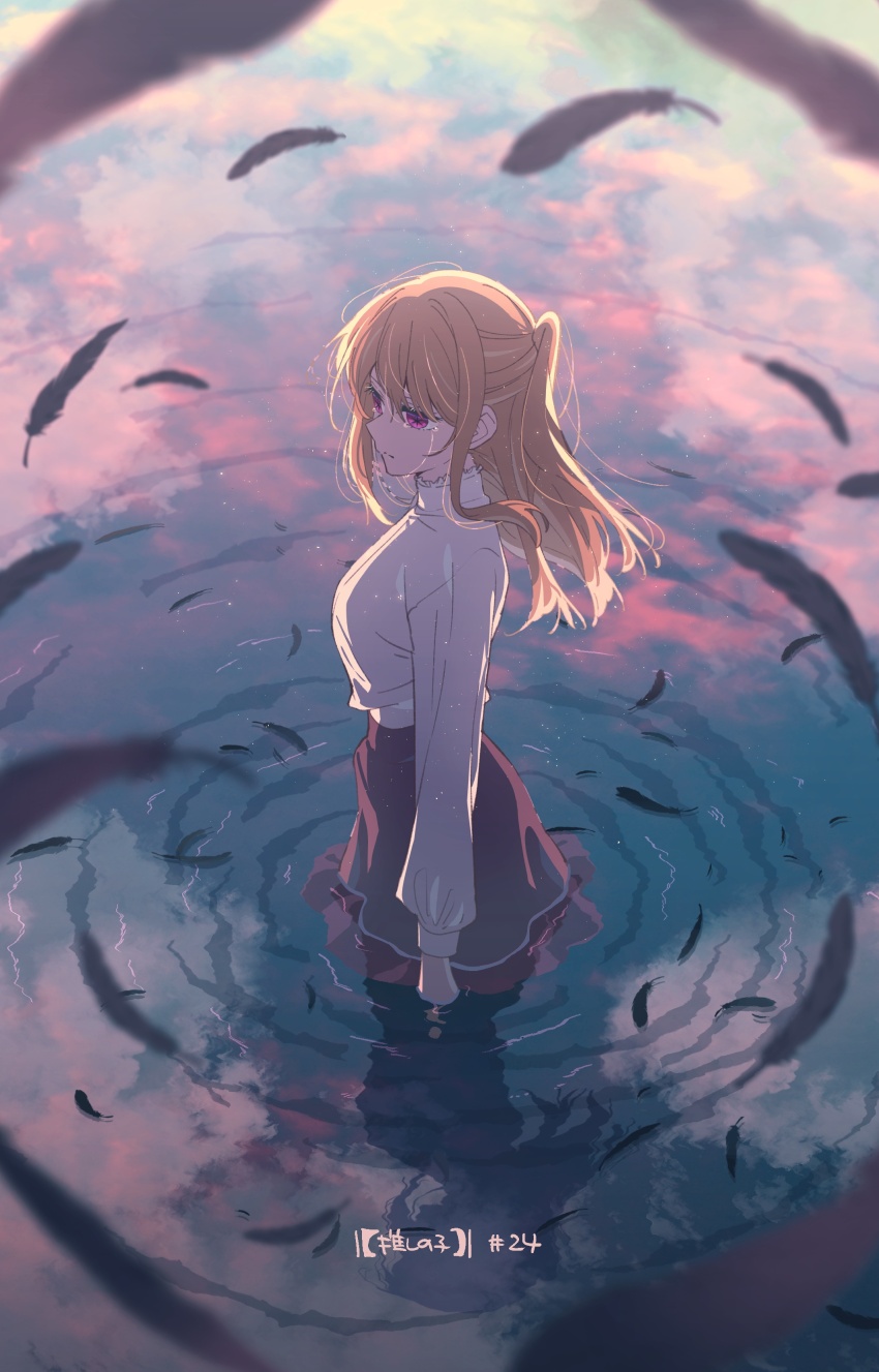 1girl absurdres blonde_hair breasts brown_skirt closed_mouth commentary_request crying crying_with_eyes_open falling_feathers feathers highres hoshino_ruby long_hair medium_breasts official_art one_side_up open_mouth oshi_no_ko partially_submerged pink_eyes shirt sidelocks skirt solo star-shaped_pupils star_(symbol) symbol-shaped_pupils tears white_shirt yokoyama_honoka