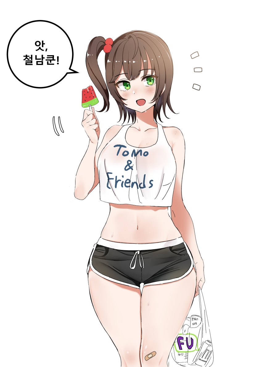 1girl absurdres bag bandaid bandaid_on_knee bandaid_on_leg bare_shoulders blush breasts can collarbone dickbomber dolphin_shorts english_text greece grocery_bag highres holding holding_bag korean_text large_breasts last_origin long_hair navel open_mouth shopping_bag shorts side_ponytail simple_background thigh_gap tomo_(last_origin) translation_request wet white_background