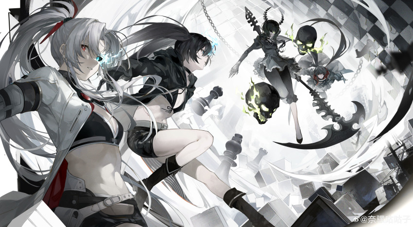 4girls absurdres alpha_(pgr) bikini bikini_top_only black_hair black_rock_shooter black_rock_shooter_(character) blue_eyes boots breasts character_name chess_piece crossover dead_master flaming_eye floating_skull full_body green_eyes highres holding holding_scythe holding_sword holding_weapon long_hair lucia_(pgr) multiple_girls narakuuu navel official_art punishing:_gray_raven red_eyes scythe shorts swimsuit sword weapon weibo_logo weibo_watermark white_hair