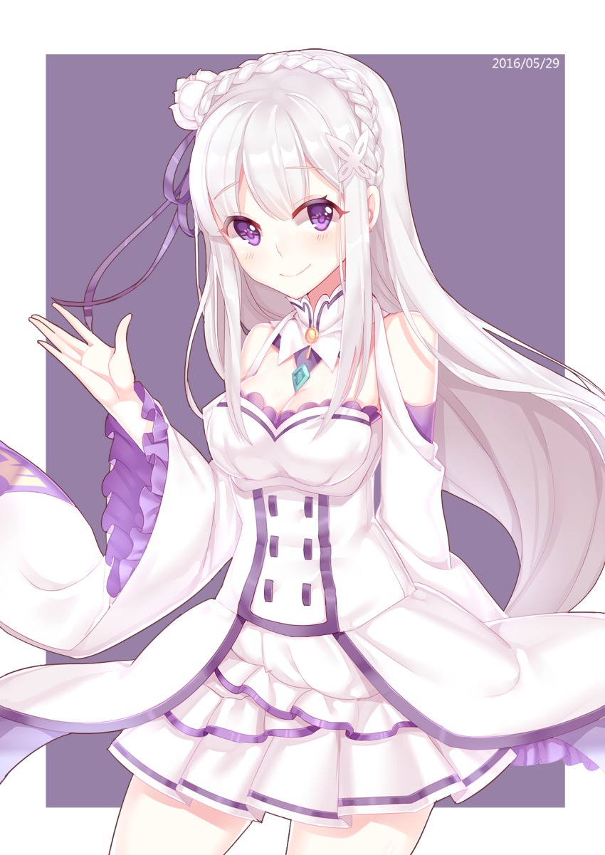 10s blush braid breasts cleavage crown_braid detached_sleeves emilia_(re:zero) hair_ribbon highres kan_(rainconan) large_breasts long_hair long_sleeves looking_at_viewer purple_eyes purple_ribbon re:zero_kara_hajimeru_isekai_seikatsu ribbon skirt smile solo white_hair white_skirt