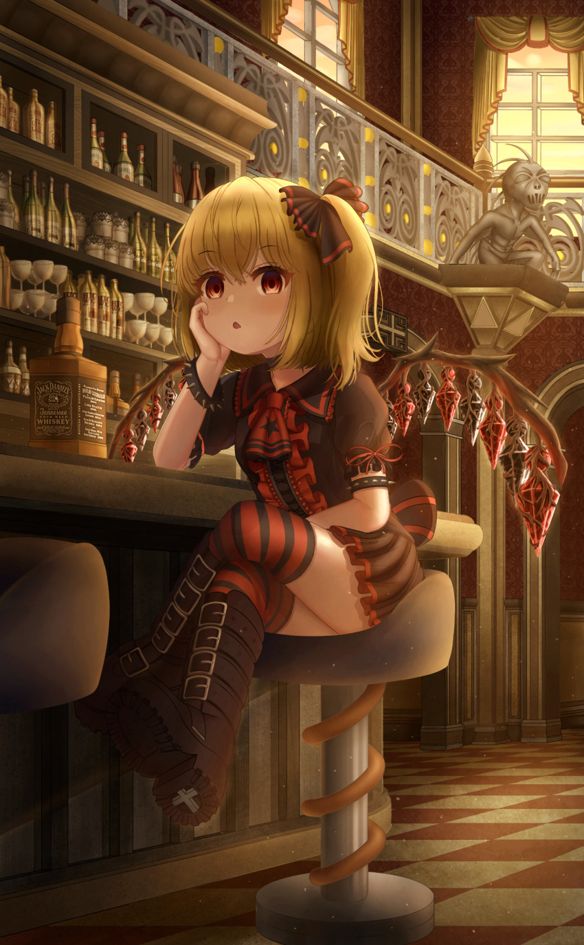 1girl :o alcohol alternate_costume black_ribbon blonde_hair book bookshelf boots bottle bracelet brown_footwear chair checkered_floor chupacabra commentary contemporary counter cross-laced_footwear crossed_legs cup english_commentary flandre_scarlet full_body hair_between_eyes hair_ribbon hand_on_own_cheek hand_on_own_face head_rest highres indoors jack_daniel&#039;s jewelry lace-up_boots looking_at_viewer no_headwear puffy_short_sleeves puffy_sleeves red_eyes ribbon shelf short_hair short_sleeves side_ponytail sitting solo spiked_bracelet spikes statue stool striped_clothes striped_thighhighs thighhighs touhou tupai_(touhou) user_apeg8484 whiskey window wings zettai_ryouiki