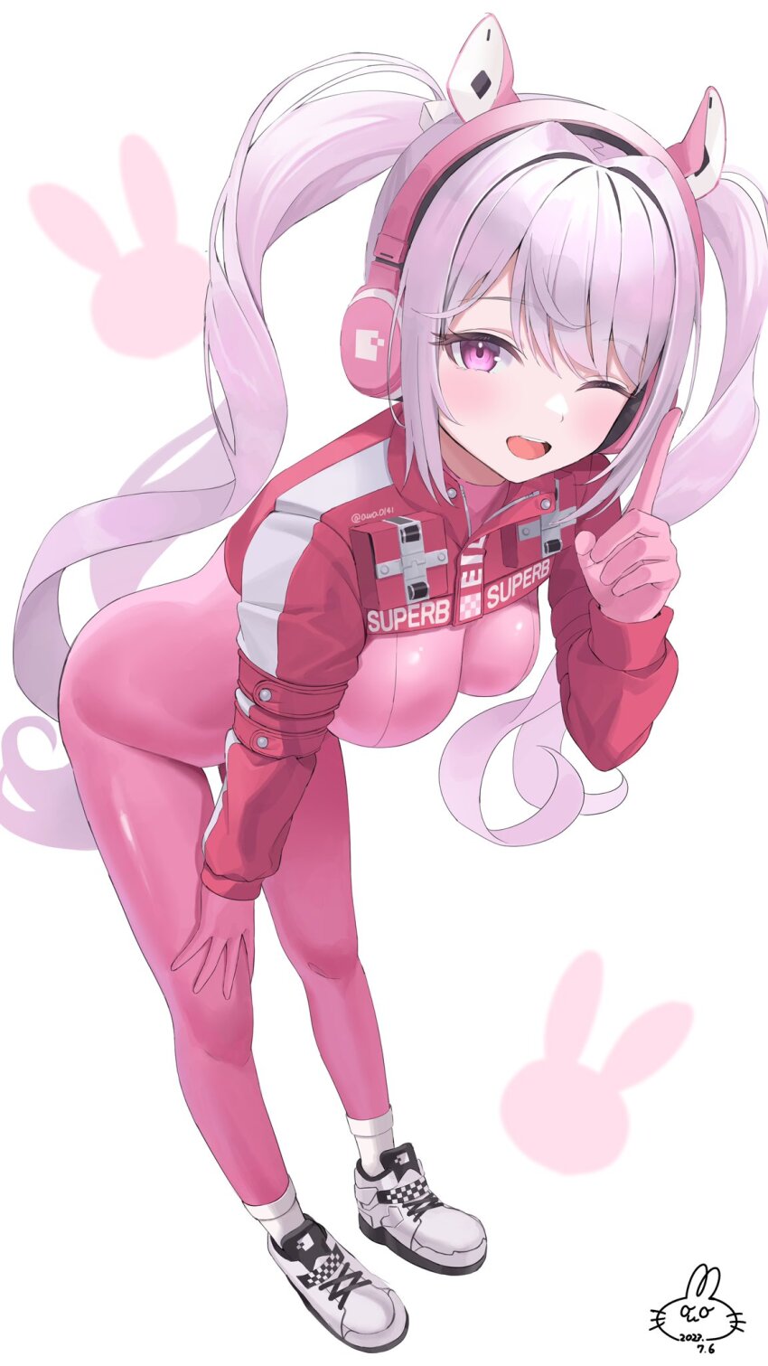 1girl alice_(nikke) animal_ear_headphones animal_ears awa_(awao141) blush bodysuit breasts fake_animal_ears gloves goddess_of_victory:_nikke grey_hair headphones headset highres impossible_bodysuit impossible_clothes index_finger_raised jacket latex latex_bodysuit leaning_forward looking_at_viewer medium_breasts multicolored_clothes one_eye_closed pink_bodysuit pink_eyes pink_gloves pink_headphones red_jacket simple_background sitting skin_tight solo twintails weapon white_background