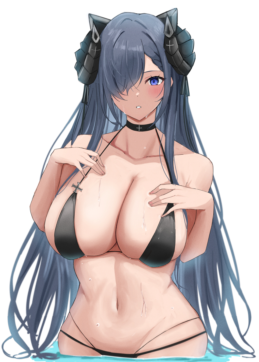 1girl absurdres alternate_costume august_von_parseval_(azur_lane) azur_lane bikini black_bikini black_choker blue_eyes breasts choker collarbone cross grey_hair highres horns large_breasts long_hair navel simple_background solo soul_(dp11) swimsuit water white_background