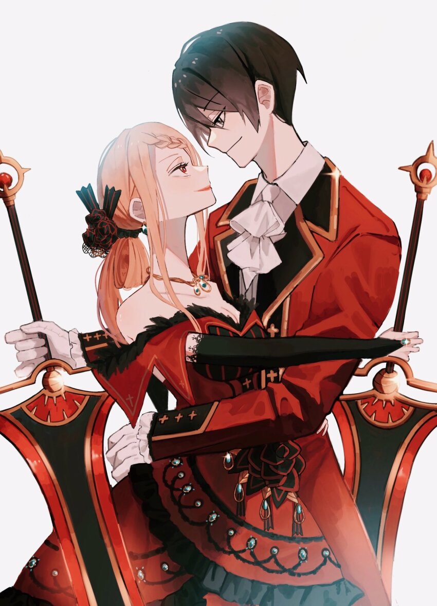 1boy 1girl black_eyes black_hair dress flower gloves hair_flower hair_ornament highres holding holding_sword holding_weapon jacket jewelry jouge2983 long_hair priscilla_barielle re:zero_kara_hajimeru_isekai_seikatsu red_dress red_eyes red_hair red_jacket smile sword vincent_vollachia weapon white_background white_gloves