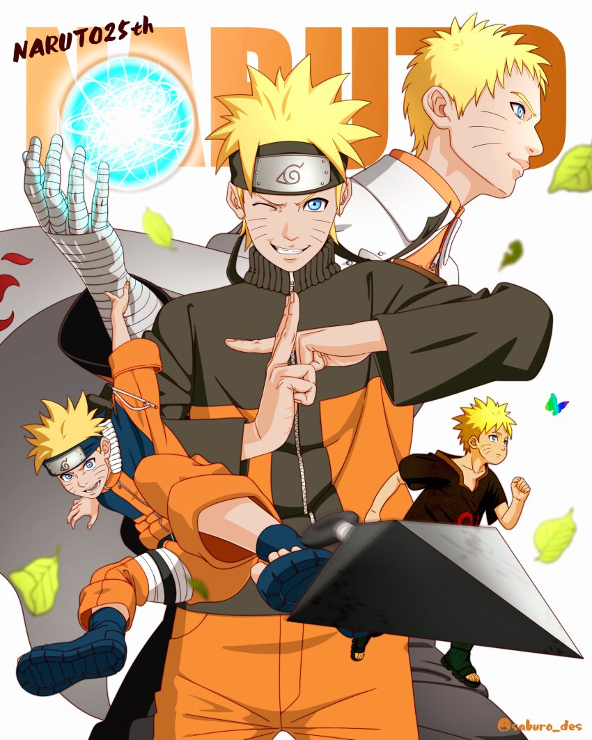 1boy absurdres ankle_boots blonde_hair blue_eyes boots boruto:_naruto_next_generations child cowboy_shot facial_mark falling_leaves forehead_protector full_body high_collar highres jacket konohagakure_symbol kuji-in kunai leaf long_sleeves looking_at_viewer multiple_girls naruto naruto_(series) naruto_shippuuden one_eye_closed orange_jacket orange_pants pants rasengan running saburo_des smile spiked_hair throwing toeless_footwear twitter_username uzumaki_naruto walking weapon whisker_markings white_background