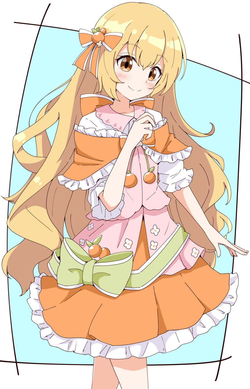 1girl absurdres aikawa_ryou blonde_hair blue_background blush bow brown_eyes closed_mouth collared_shirt commentary_request commission frilled_skirt frills hair_between_eyes hair_bow hand_up highres looking_at_viewer orange_bow orange_skirt original pixiv_commission shirt skirt smile solo standing two-tone_background white_background white_shirt