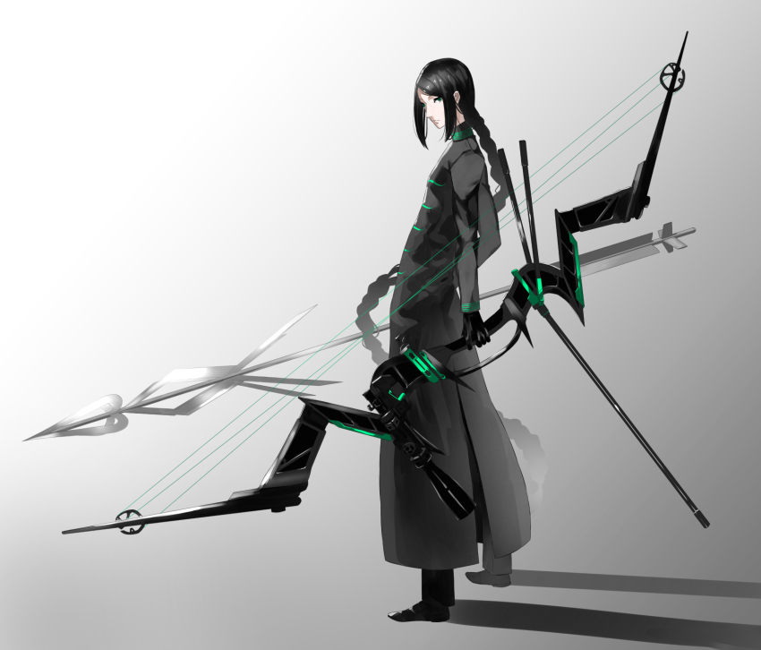 1boy arrow_(projectile) bad_id bad_pixiv_id black_coat black_footwear black_hair black_pants bow_(weapon) braid braided_ponytail coat compound_bow grey_background highres jacket male_focus original pants personification ponytail quarter_rest single_braid solo standing tsuki-shigure weapon