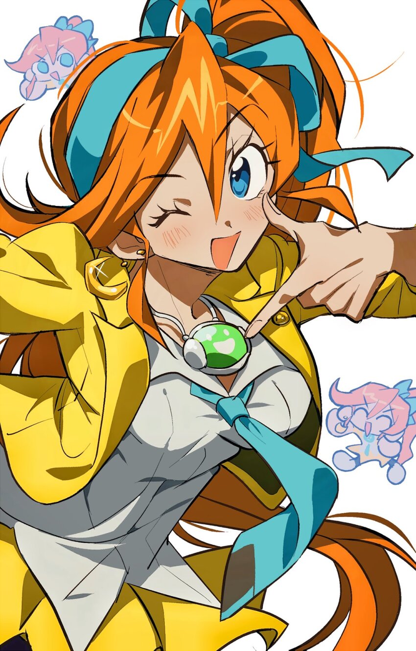 1girl ^_^ ace_attorney athena_cykes blue_eyes blue_necktie blush breasts chibi closed_eyes collared_shirt earrings eyelashes grgrton hair_between_eyes highres jacket jewelry long_hair looking_at_viewer medium_breasts multiple_views necklace necktie one_eye_closed open_clothes open_mouth orange_hair shirt side_ponytail simple_background skirt sparkle very_long_hair white_background white_shirt yellow_jacket yellow_skirt