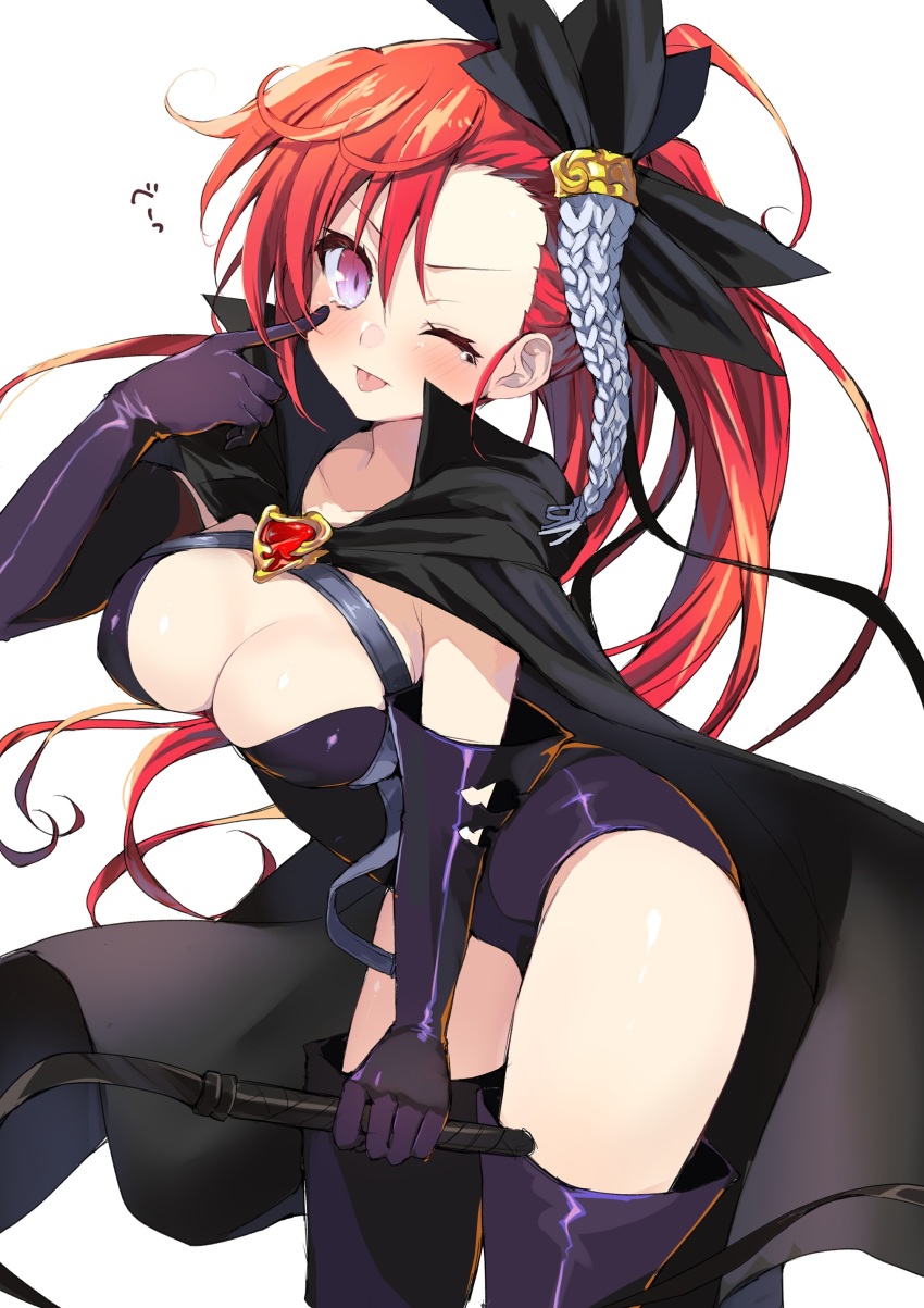 1girl absurdres bare_legs bent_over black_cape black_gloves bow breasts cape cleavage finger_to_cheek gloves hair_bow highres holding holding_whip large_breasts long_hair looking_at_viewer one_eye_closed purple_eyes rance_(series) red_hair satella_(rance) solo takepoison thighs tongue tongue_out