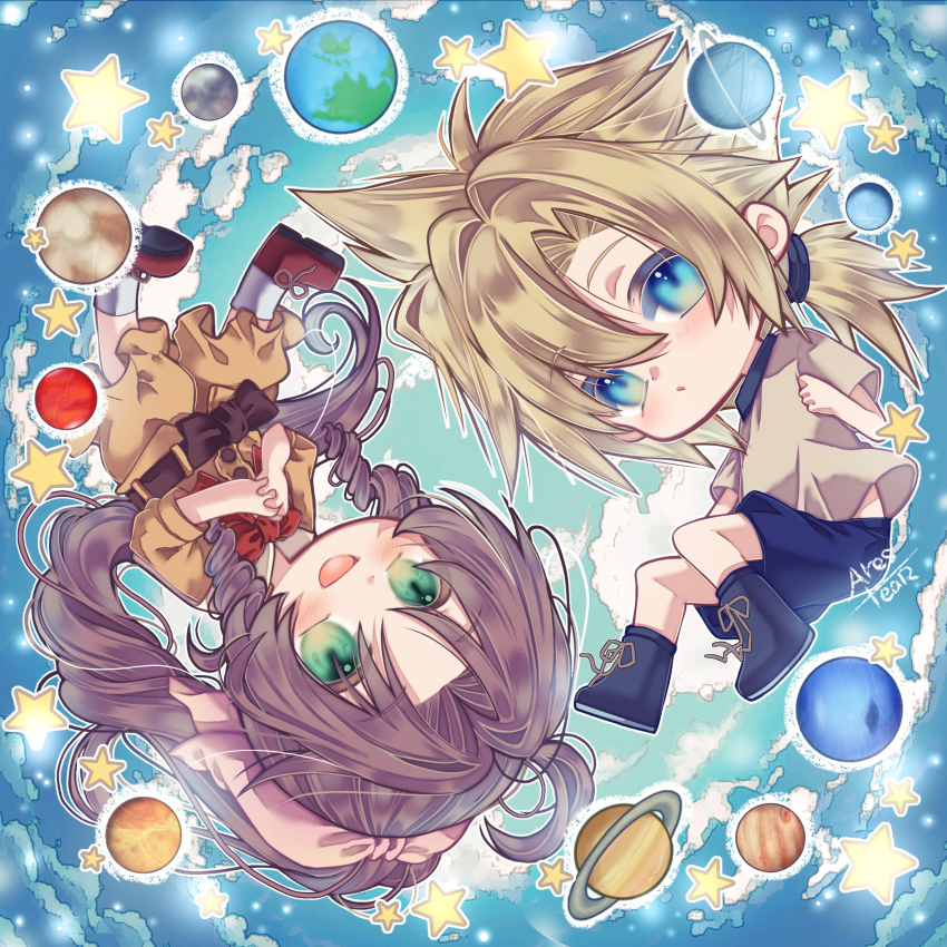 1boy 1girl absurdres aerith_gainsborough arestear0701 blonde_hair blue_eyes braid brown_hair chibi child cloud_strife earth_(planet) final_fantasy final_fantasy_vii final_fantasy_vii_remake full_moon green_eyes highres jupiter_(planet) mars_(planet) md5_mismatch mercury_(planet) moon neptune_(planet) planet planetary_ring ponytail saturn_(planet) sky smile star_(sky) star_(symbol) starry_sky uranus_(planet) venus_(planet)