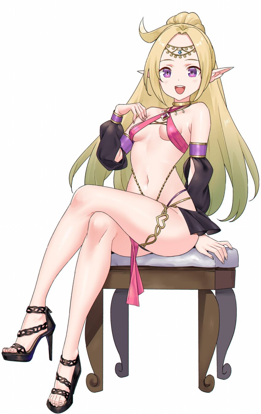 1girl :d alternate_costume bare_legs breasts commission crossed_legs dancer feet fire_emblem fire_emblem_awakening full_body green_eyes high_heels highres igni_tion legs long_hair looking_at_viewer navel nintendo nowi_(fire_emblem) open_mouth petite pointy_ears purple_eyes sandals small_breasts smile solo strappy_heels tiara toenails toes wide_ponytail