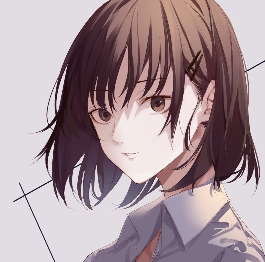 1girl brown_eyes brown_hair collared_shirt commentary floating_hair grey_background hair_ornament hairclip highres long_neck looking_at_viewer matsunaga777 original parted_lips portrait shirt short_hair solo white_shirt