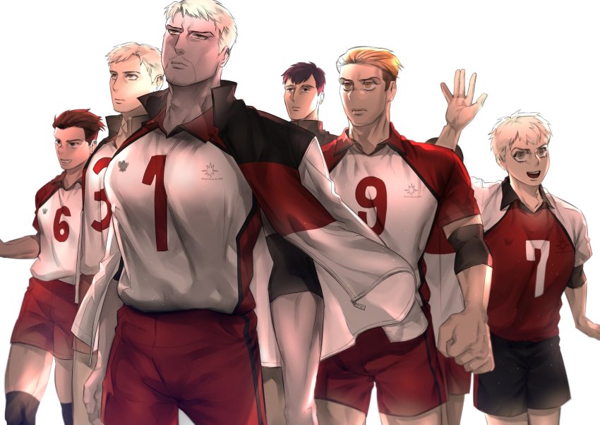 6+boys alternate_costume alternate_universe bertolt_hoover brothers colt_grice falco_grice feet_out_of_frame highres jacket jacket_on_shoulders kyojinjoa large_pectorals male_focus marcel_galliard multiple_boys pectorals porco_galliard puffy_chest red_shorts reiner_braun shingeki_no_kyojin short_hair shorts siblings sportswear volleyball_uniform walking